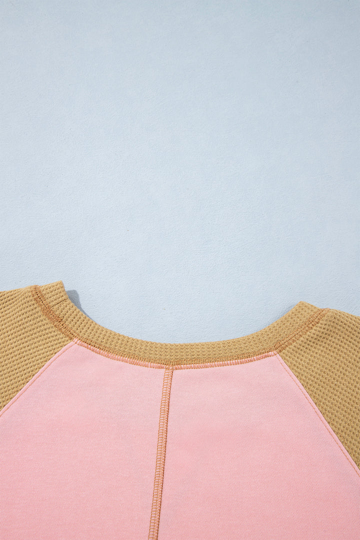 Apricot Pink Color Block Floral Waffle Mixed Patchwork Long Sleeve Top