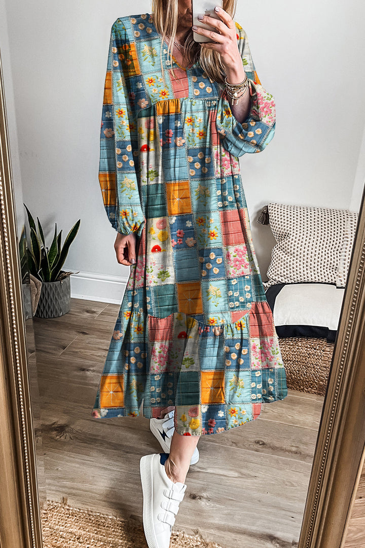 Mix Floral Checkered Pattern Bubble Sleeve Ruffle Hem Dress