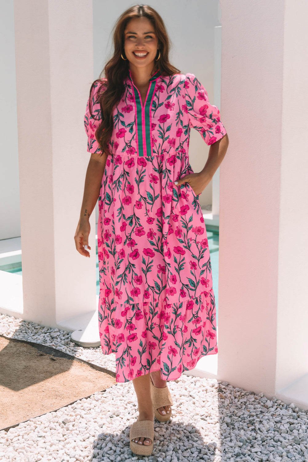 Floral Contrast Neckline A-line Puff Sleeve Long Dress