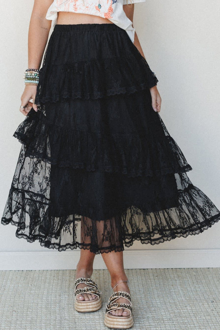 Chic Black Elegant Ruffle Lace Tiered Skirt