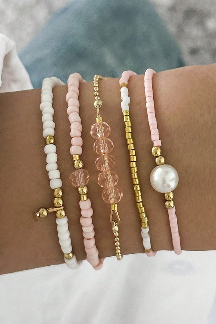 Pearl Crystal Bead Detail 5pcs Elastic Bracelet Set