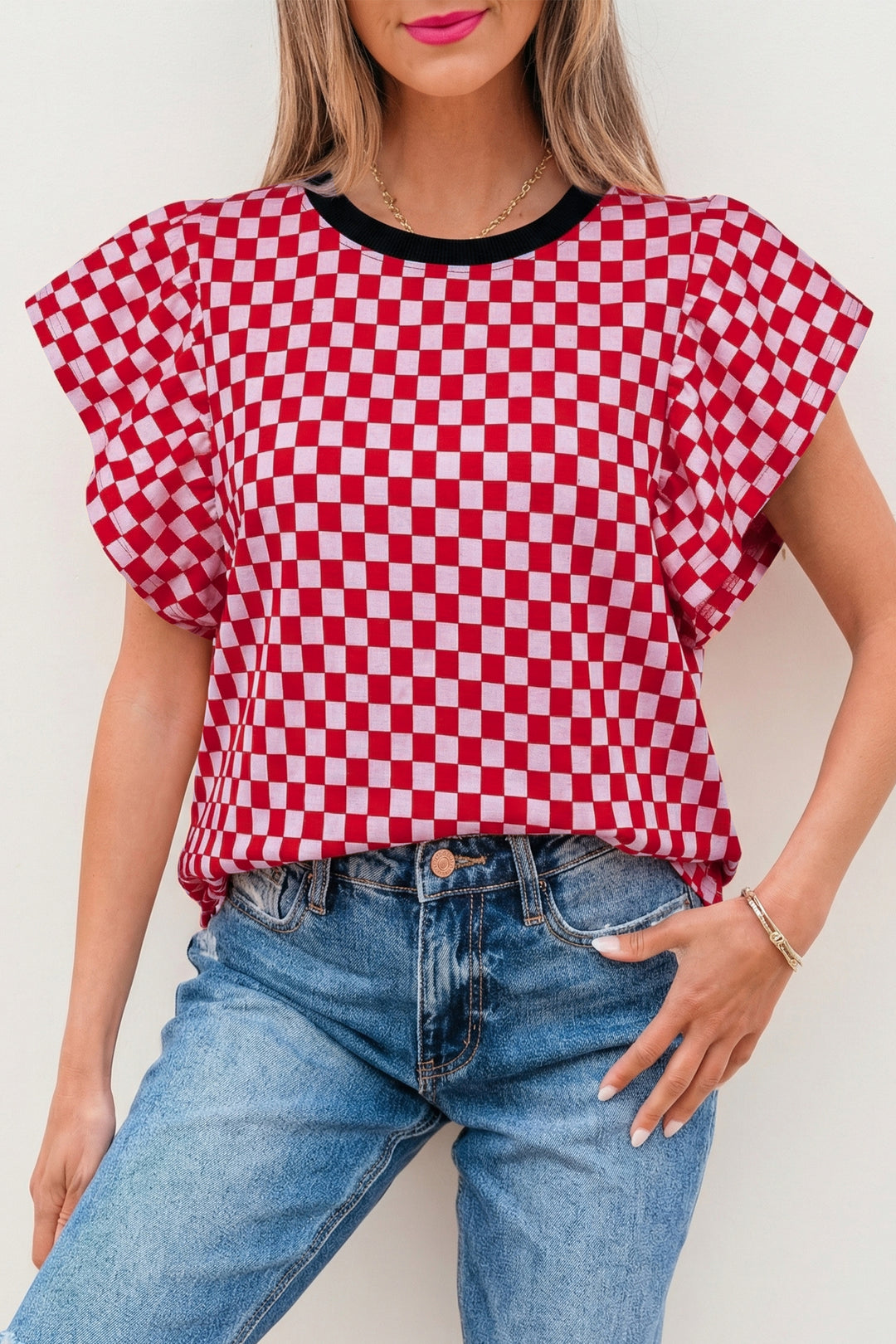 Red Checkered Print Ruffle Short Sleeve Contrast Trim Round Neck Top