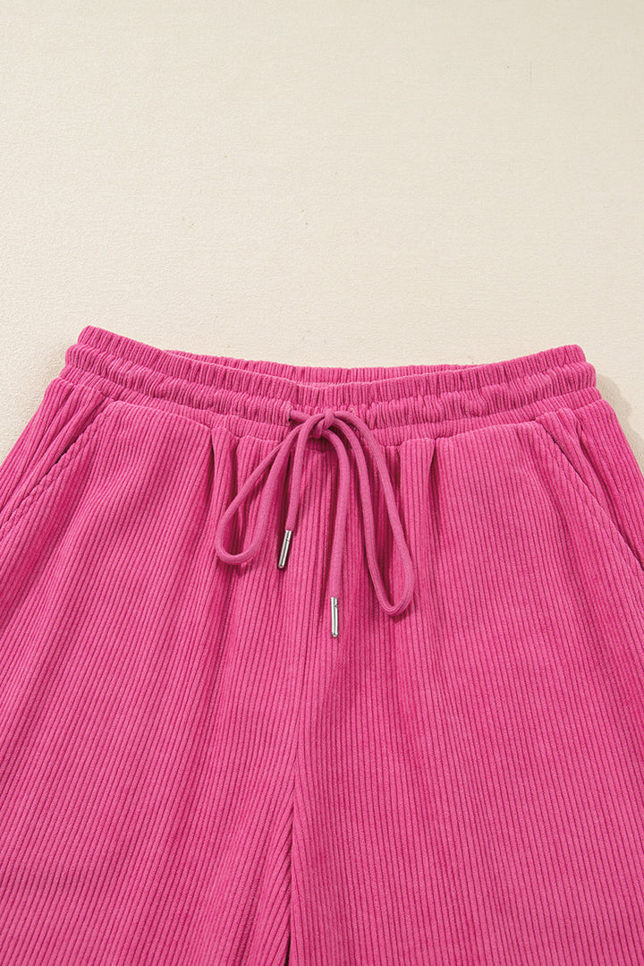 Peach Blossom Half Button Pullover Drawstring Pants Solid Color Corduroy 2pcs Outfit