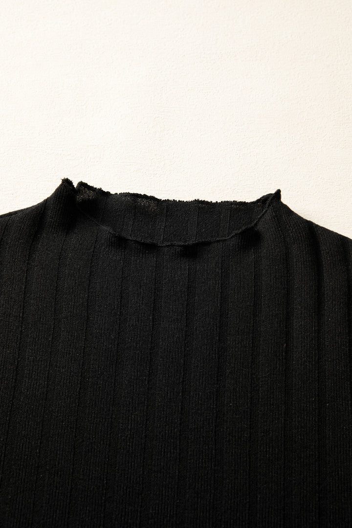 Frilled Neck Ribbed Knit Patchwork Long Sleeve Mini Dress