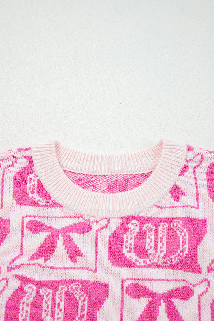 Pink Bows &amp; Horseshoes Pattern Western Fashion Print Sweater