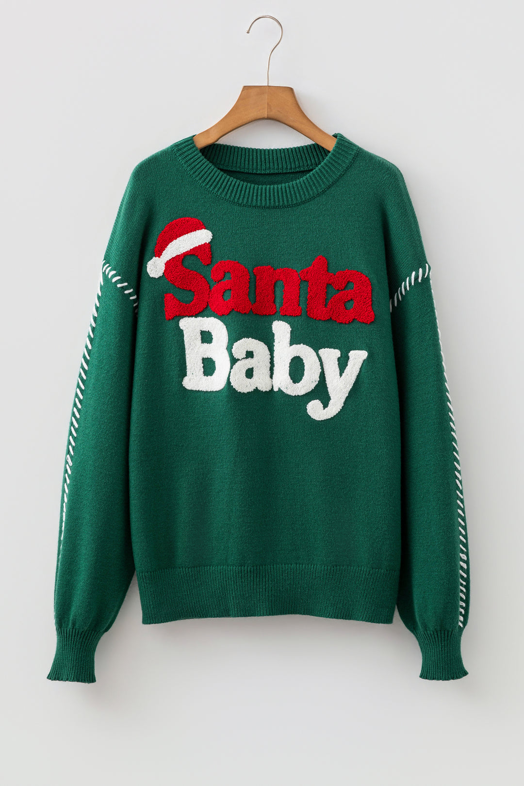 Evergreen Santa Baby Towel Embroidery Christmas Slogan Pullover Sweater