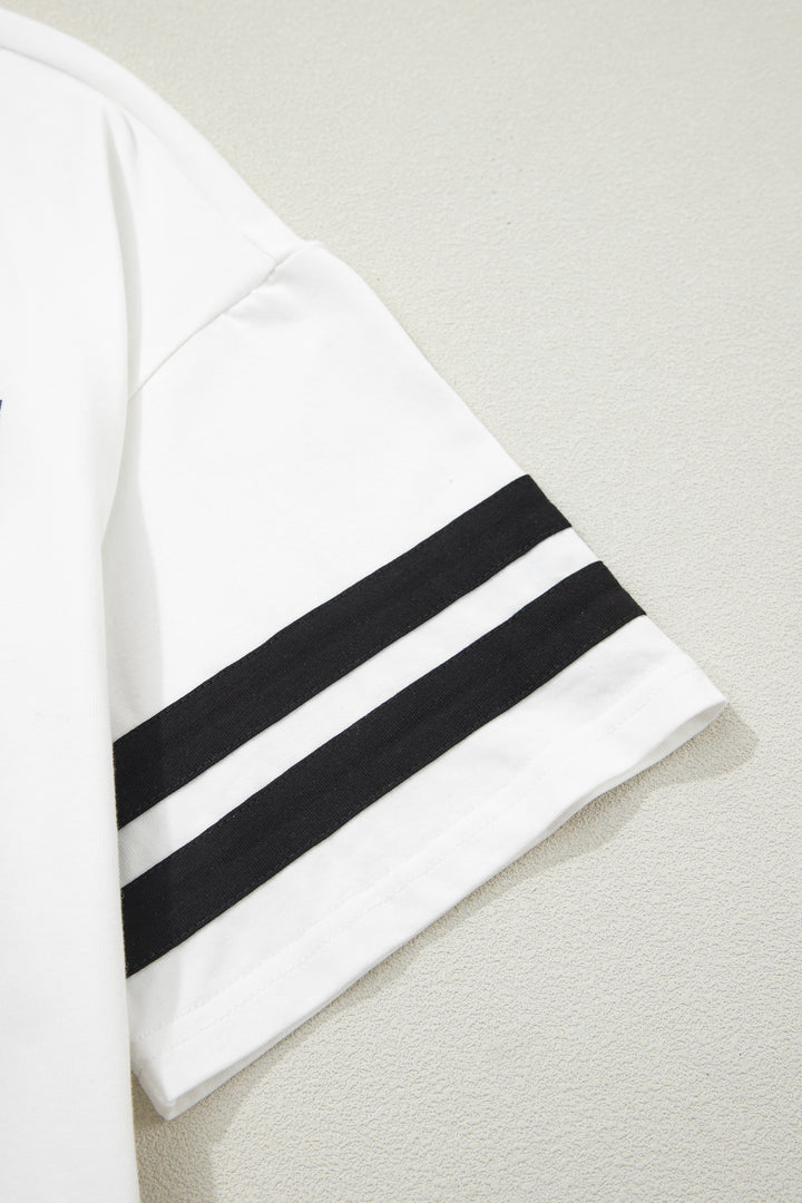 White USA Letter Printed Varsity Striped Sleeve Round Neck Tee