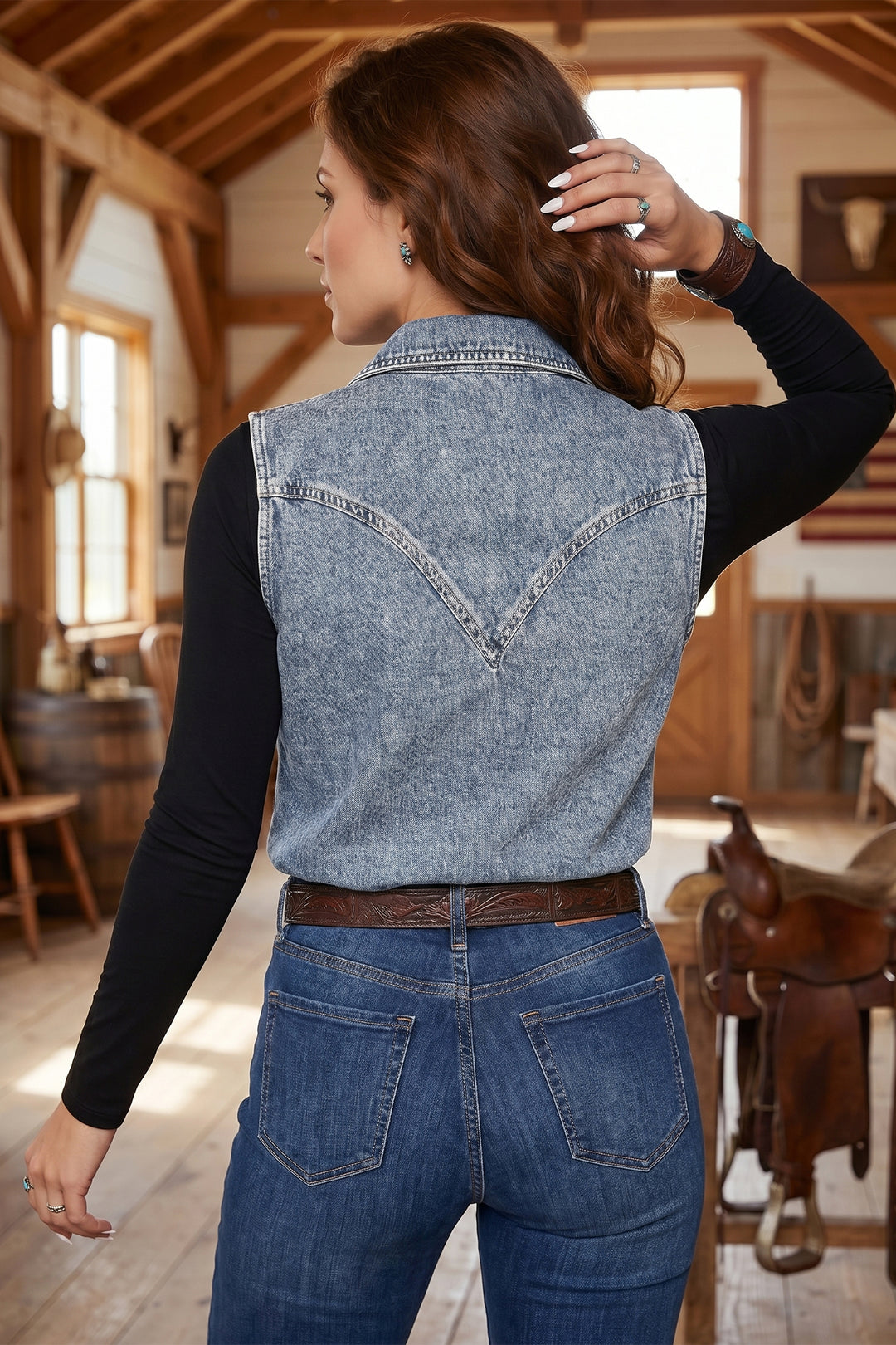 Ashleigh Blue Solid Denim Button Front Pocket Cowboy Vest