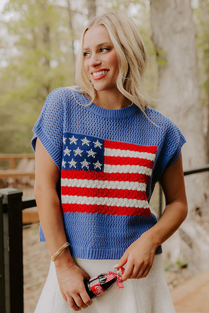 Sky Blue Flag Graphic Short Sleeve Sweater Top