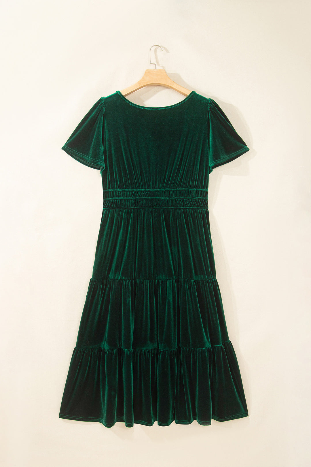Blackish Green Velvet Short Sleeve Shirred Waist Tiered Plus Size Maxi Dress
