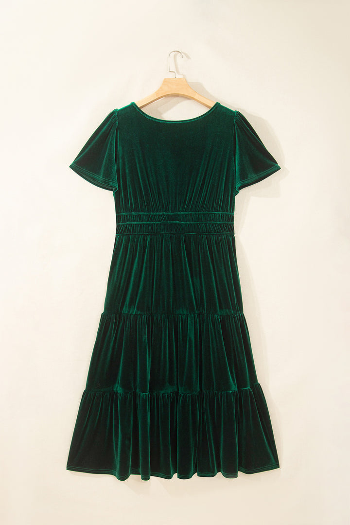 Blackish Green Velvet Short Sleeve Shirred Waist Tiered Plus Size Maxi Dress