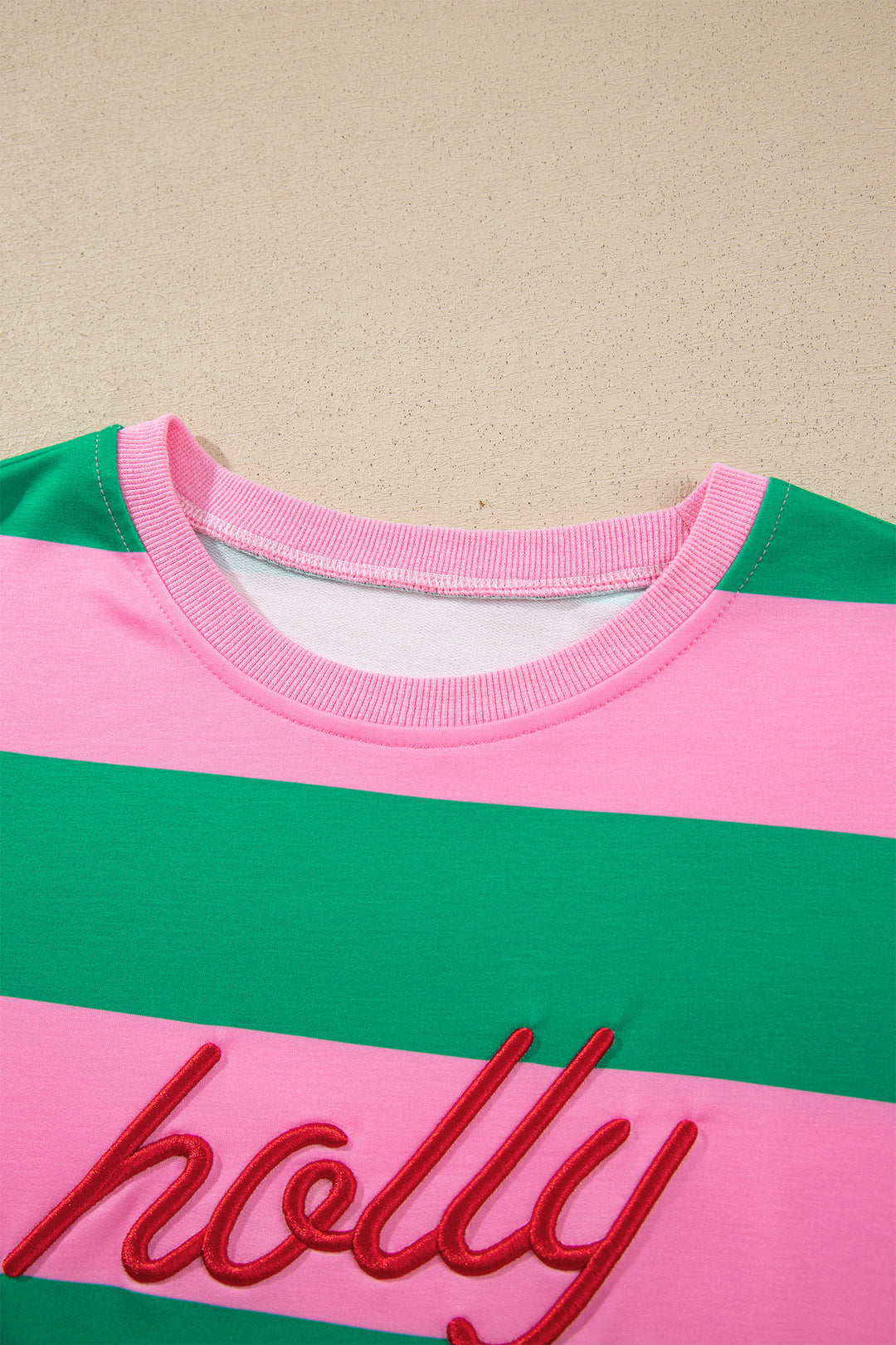 Green Stripe holly jolly Letter Embroidered Pullover Sweatshirt