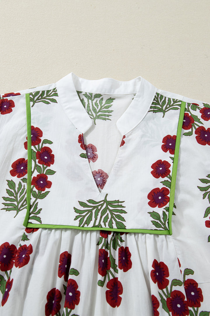 Frilled V Neck 3/4 Sleeve Loose Floral Dress