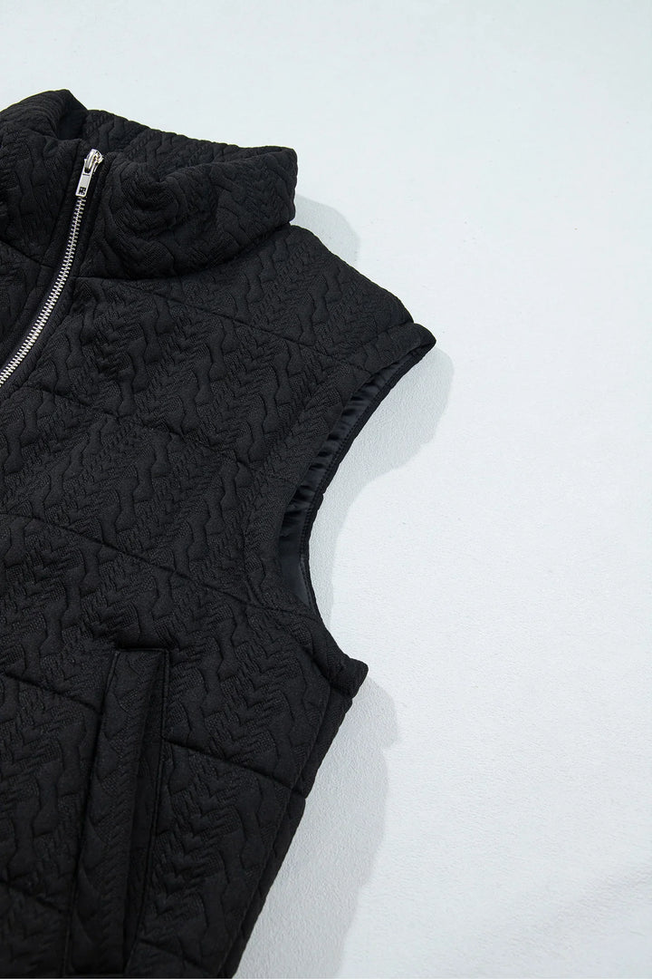 Black Textured Quilted Stand Neck Zipper Winter Vest