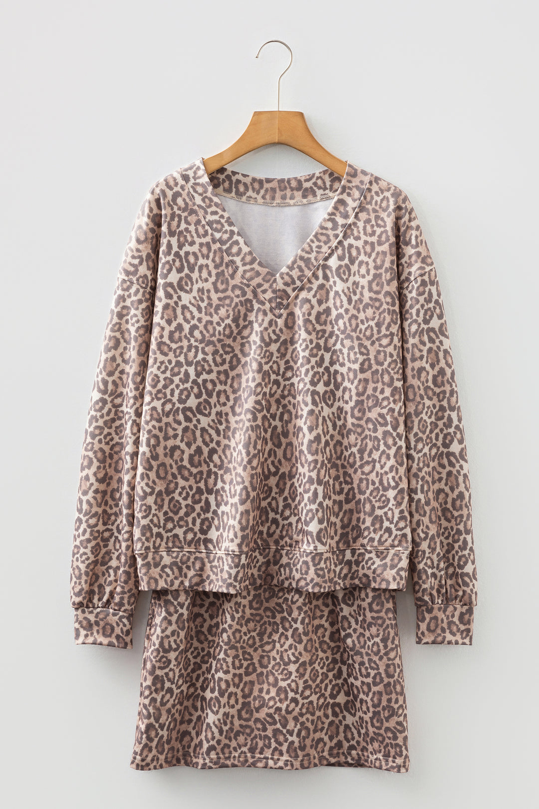 Light French Beige Leopard Print Pullover Mini Skirt 2pcs Set