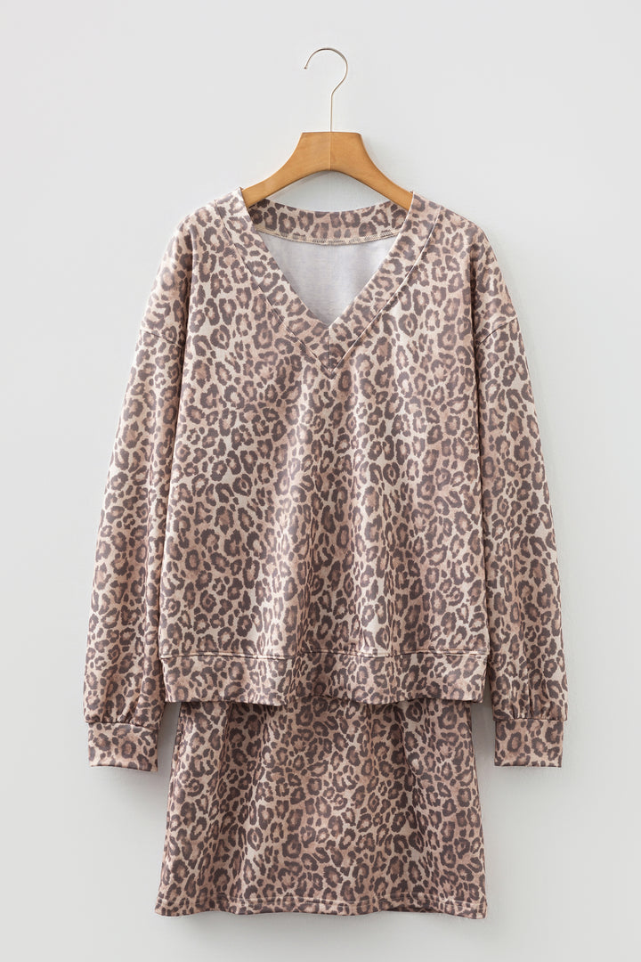 Light French Beige Leopard Print Pullover Mini Skirt 2pcs Set