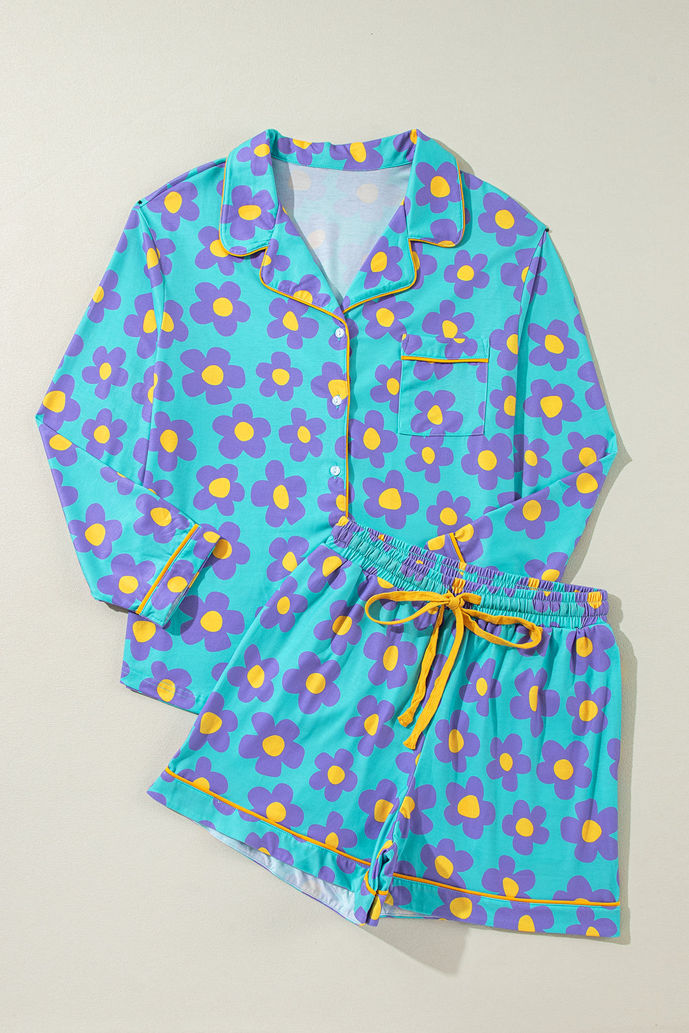 flower print long sleeve shirt shorts pajamas set 2