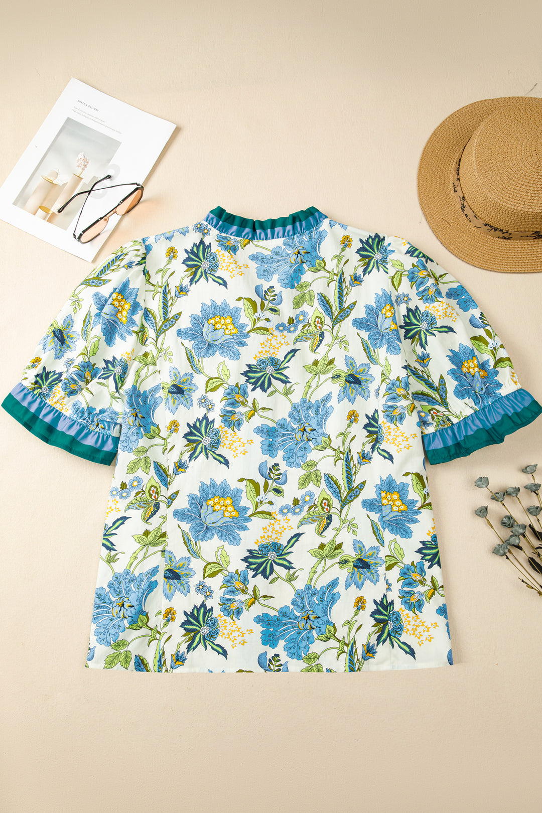 Sky Blue Plus Size Frilled V Neck Short Sleeve Floral Blouse
