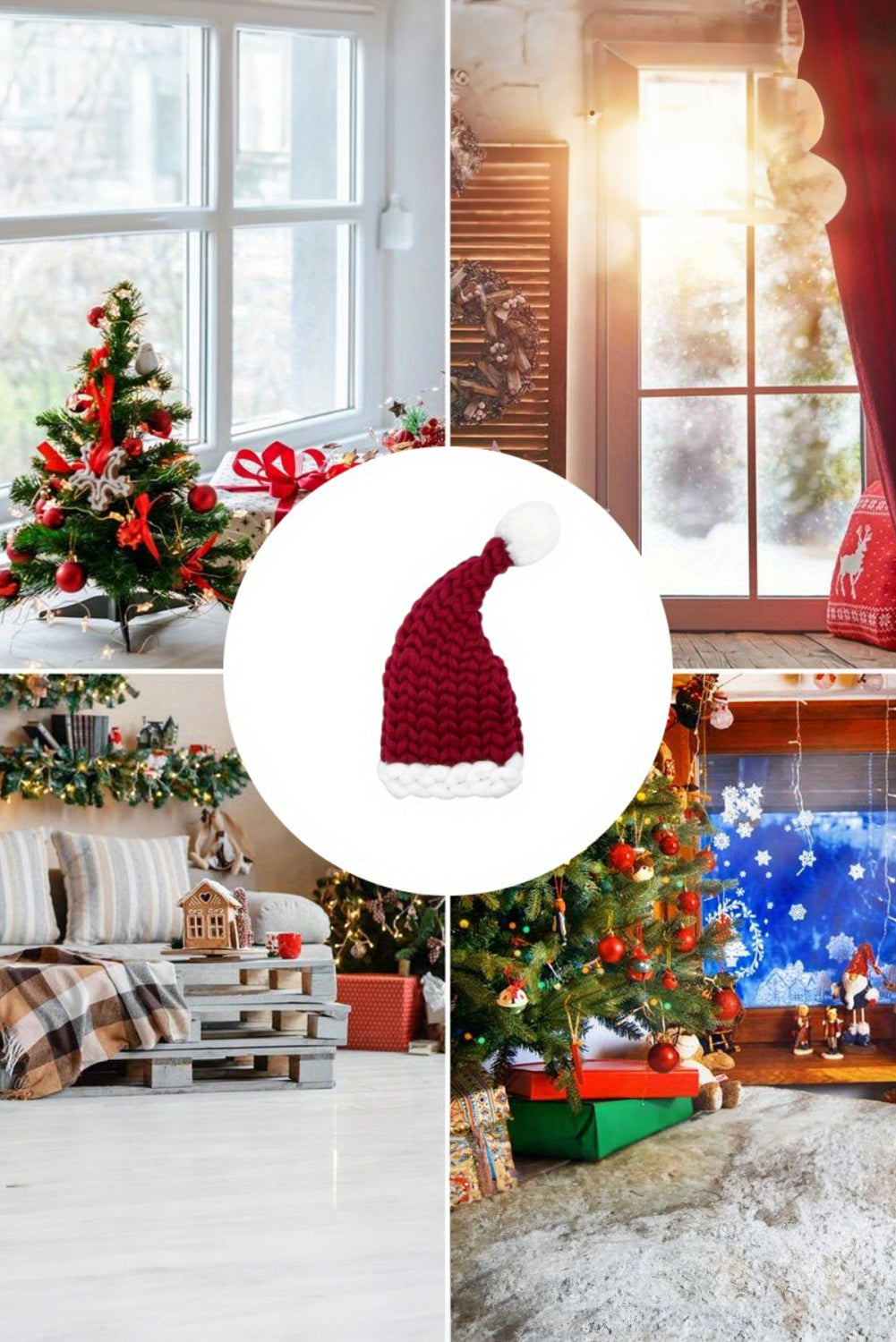 Color Block Pom Pom Decor Chunky Knitted Christmas Hat