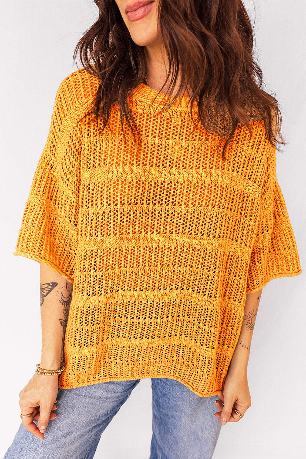 Hollow out Openwork Knit 3/4 Sleeve Sweater
