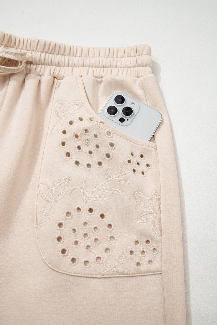 Jet Stream Embroidered Patched Pockets Drawstring Pants