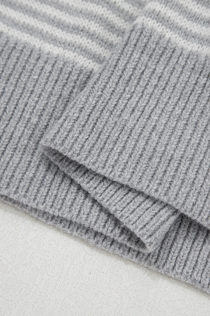 Gray Stripe Contrast Heart Pattern Valentine Knit Sweater