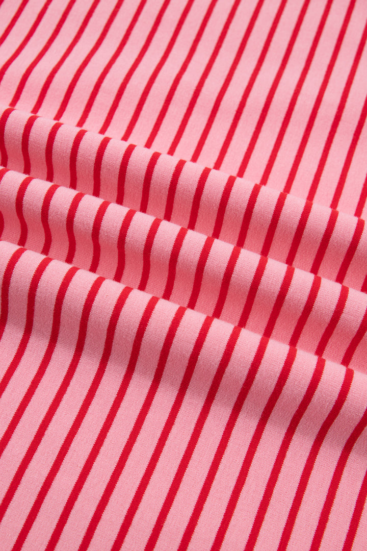 Pink Stripe Ribbed Patchwork Mock Neck Baggy Pullover Matching Shorts Set