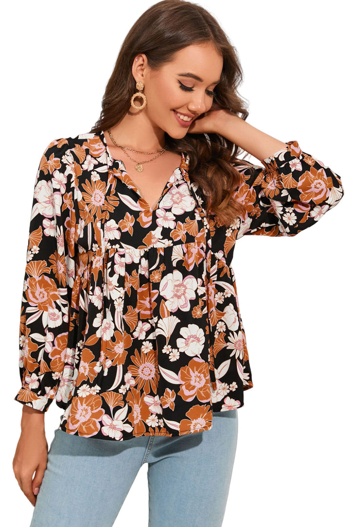 Brown Floral Print 3/4 Sleeve Babydoll Blouse