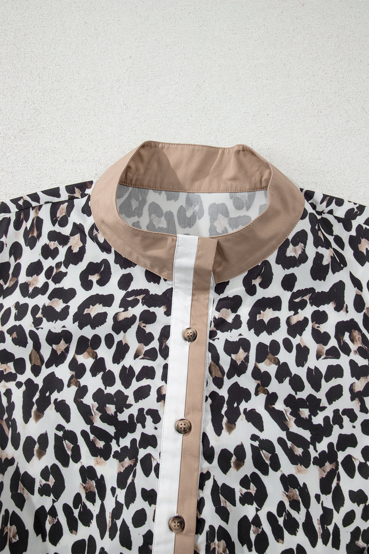 Multicolour Leopard Print Contrast Trim Button Split Neck Plus Long Sleeve Top