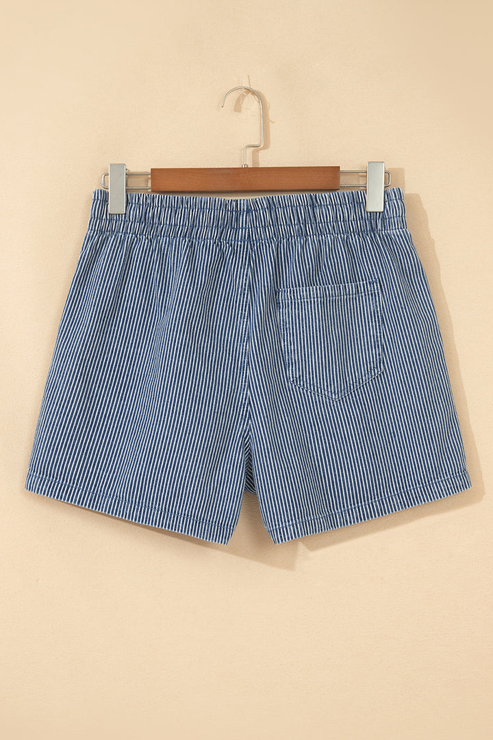 Blue Stripe Drawstring Elastic Waist Casual Denim Shorts