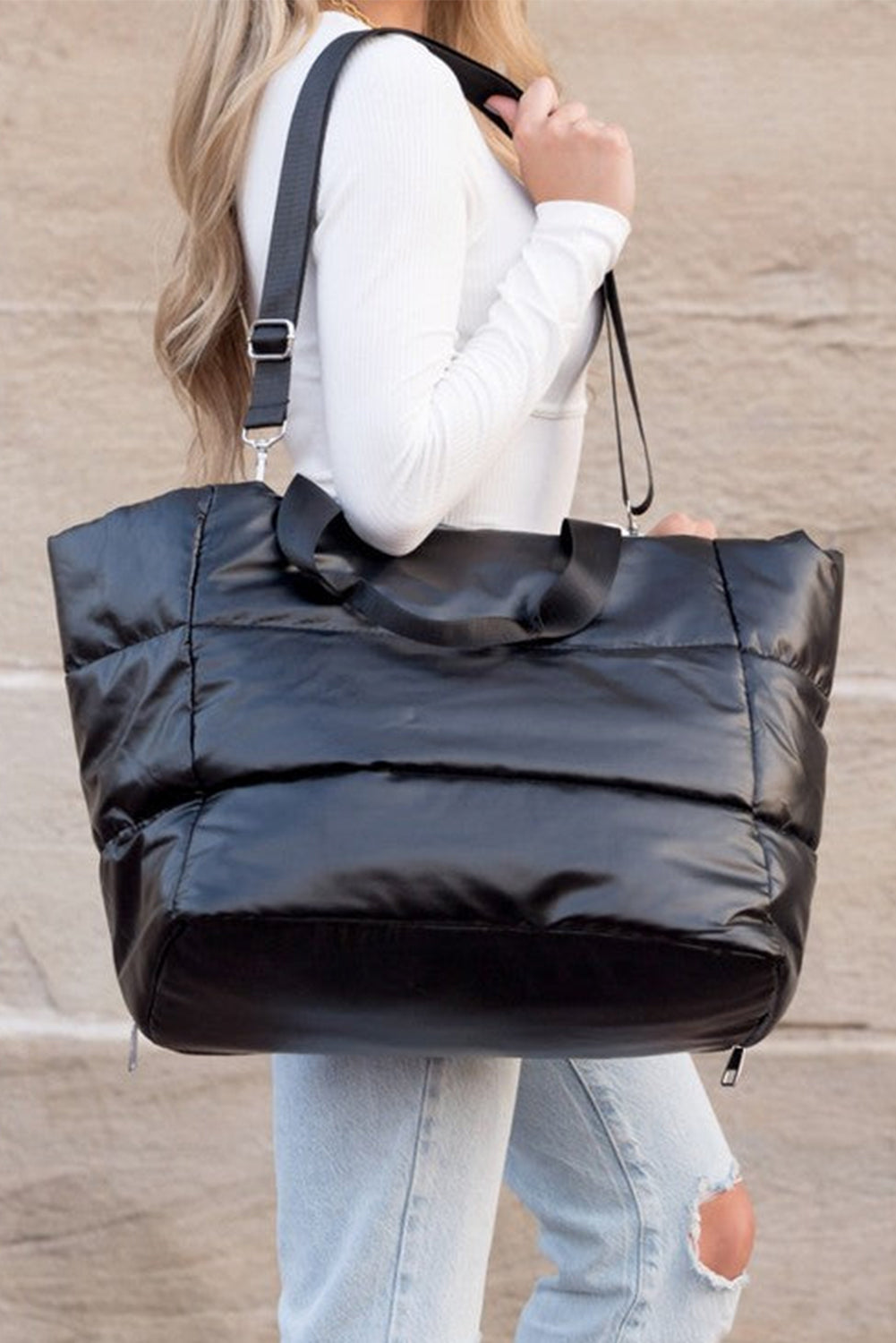 Solid Zipper Puffer Large Tote Bag
