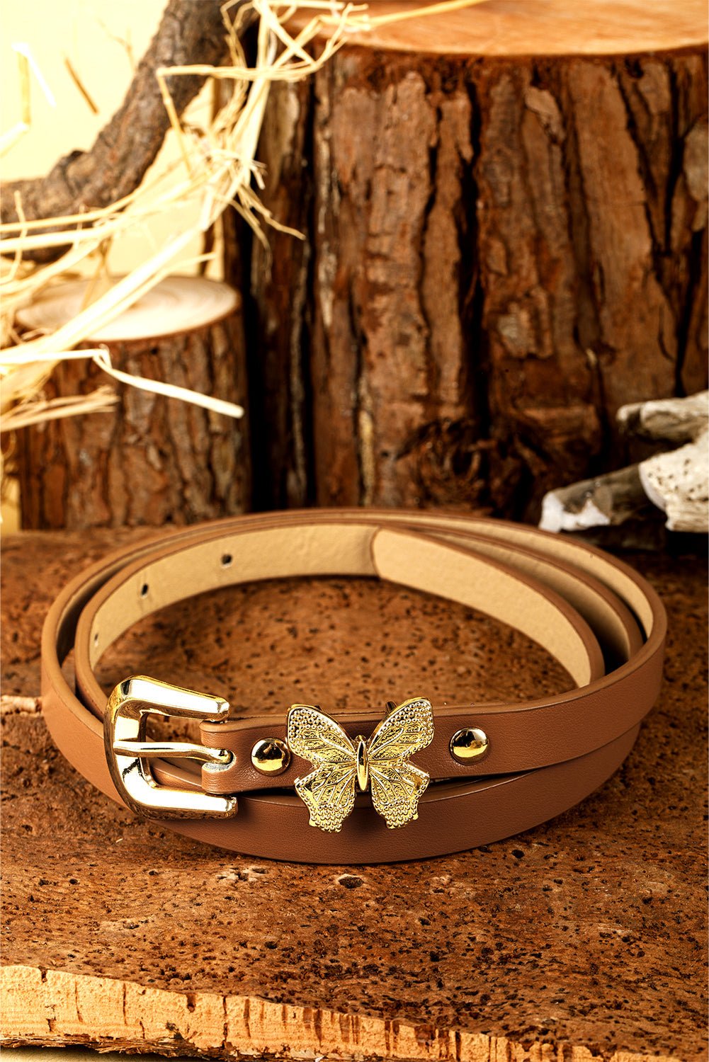 Ceinture fine en cuir PU avec boucle décorative papillon