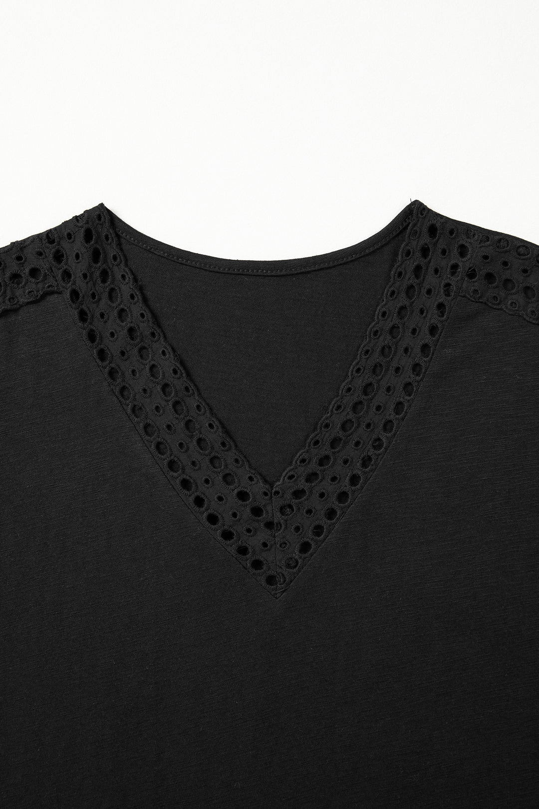 Black Cutout Embroidered Trim V Neck Cap Sleeve Tee