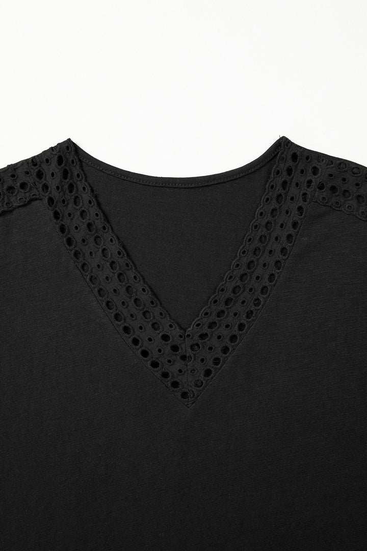Black Cutout Embroidered Trim V Neck Cap Sleeve Tee