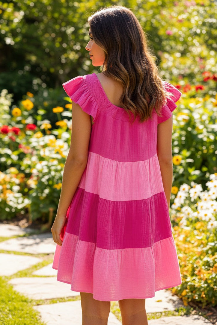 Cute Pink Crinkled Colorblock Patchwork Flutter Tiered Mini Babydoll Dress