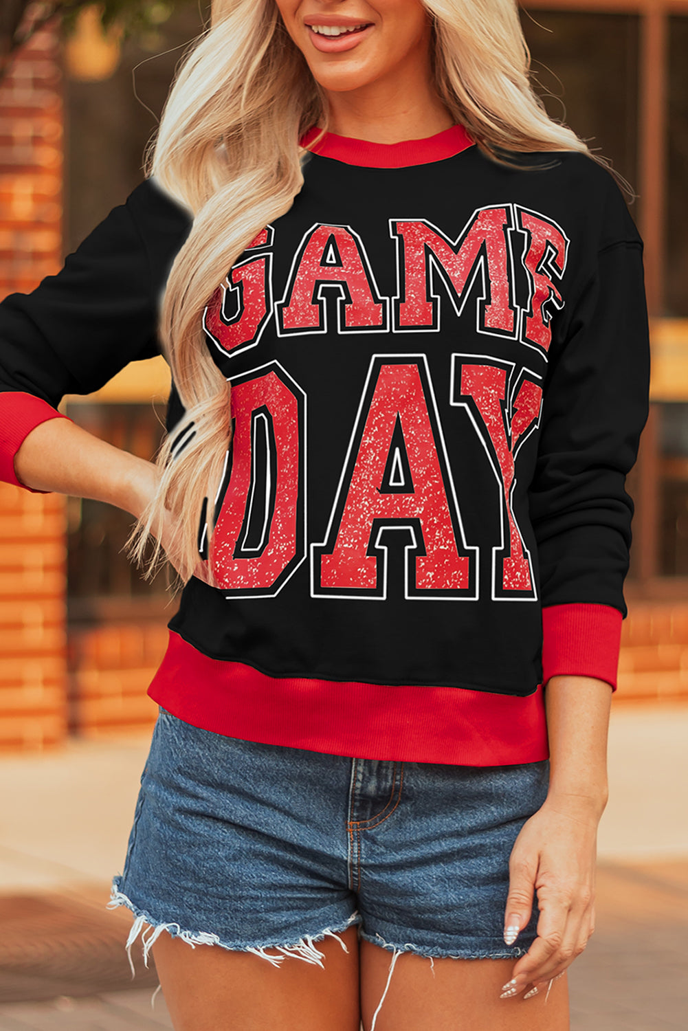 GAME DAY Letter Graphic Varsity Striped Detail Baggy Sweatshirt