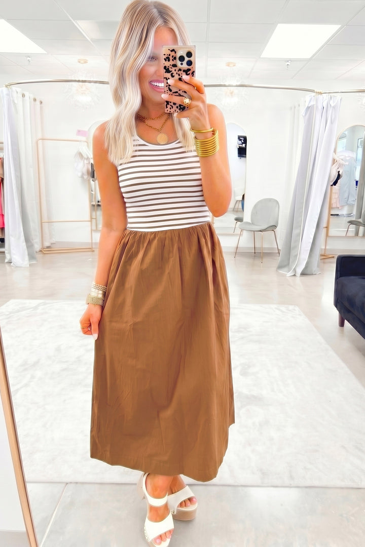 Chestnut Striped Colorblock Sleeveless Casual Long Dress