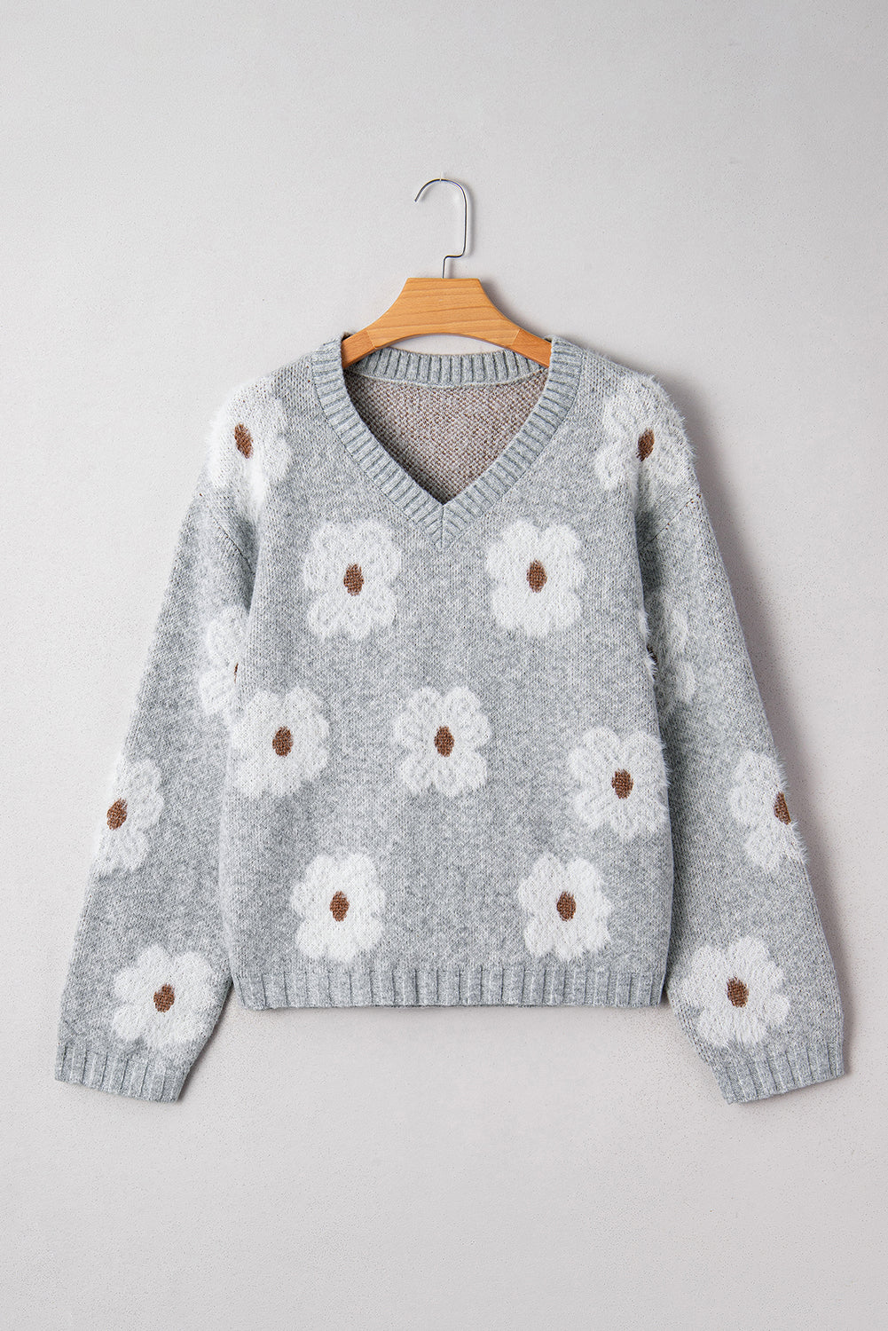 Cute Flower Print V Neck Drop Shoulder Baggy Sweater