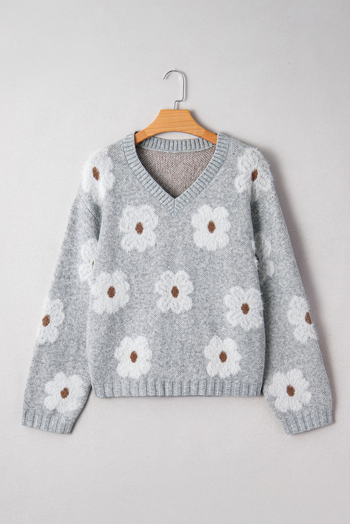 Cute Flower Print V Neck Drop Shoulder Baggy Sweater