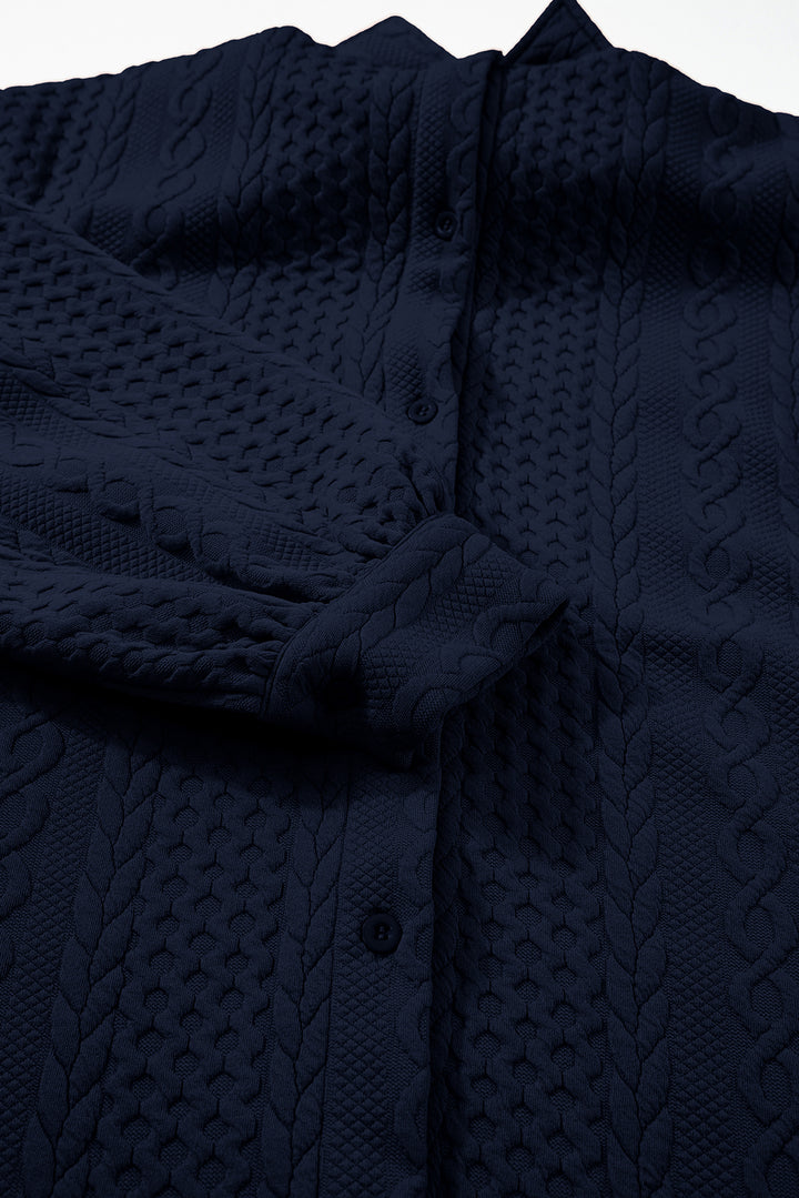 Navy Blue Cable Texture Puff Sleeve Loose Shacket