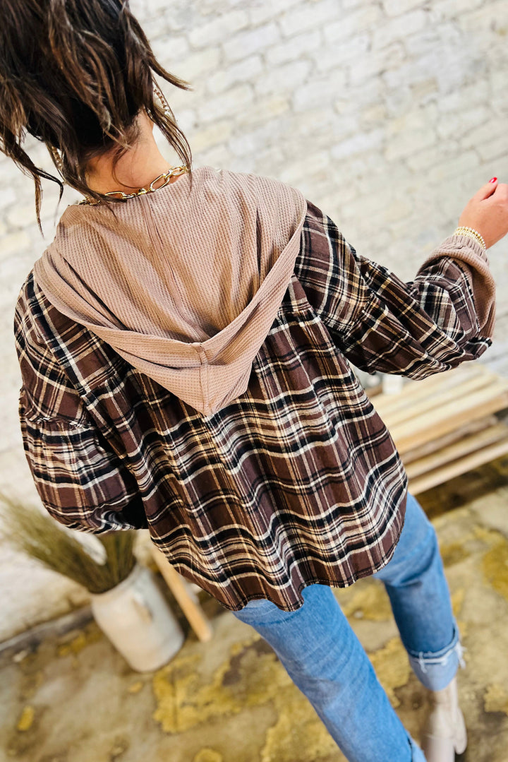 Plaid Patchwork Long Sleeve Button Hooded Blouse