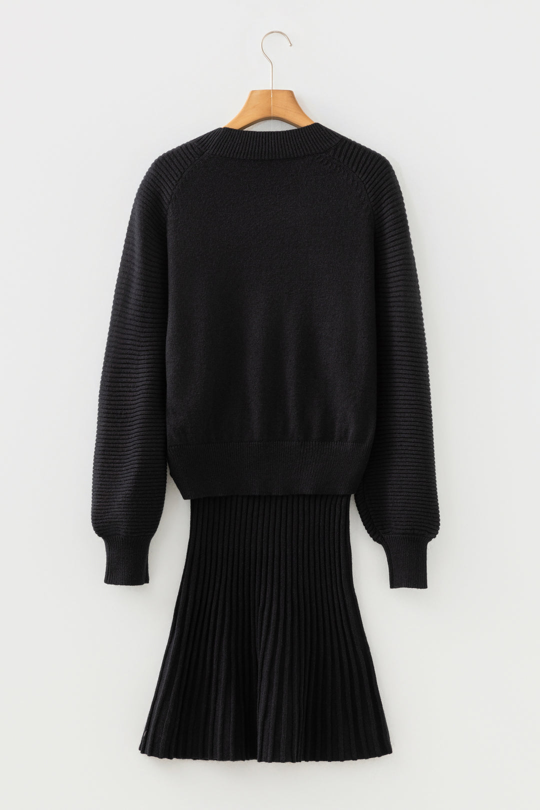 Black High Neck Sweater Pleated Mini Skirt 2pcs Knitted Outfit