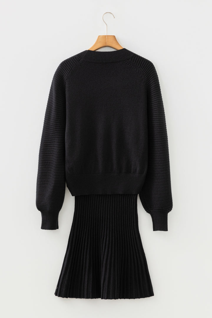 Black High Neck Sweater Pleated Mini Skirt 2pcs Knitted Outfit