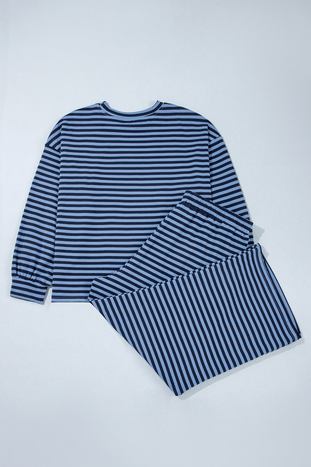 Blue Stripe Long Sleeve Drawstring Waist Plus Size Lounge Pants Set