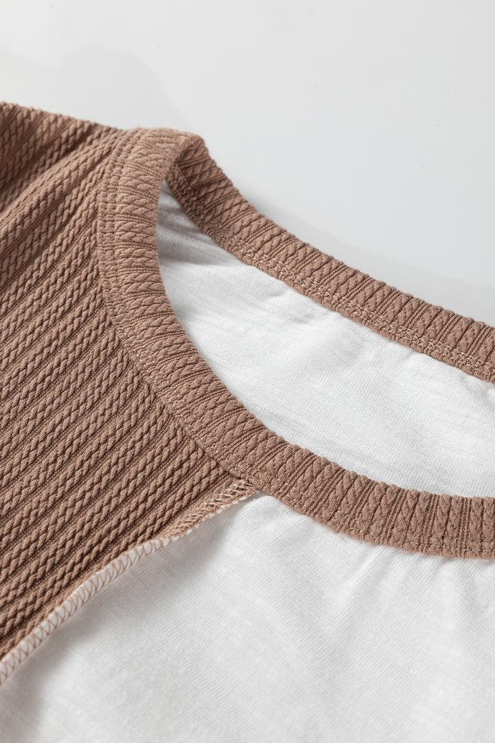 Dark Khaki Colorblock Checkered Raw Seamed Round Neck Knitted Jumper