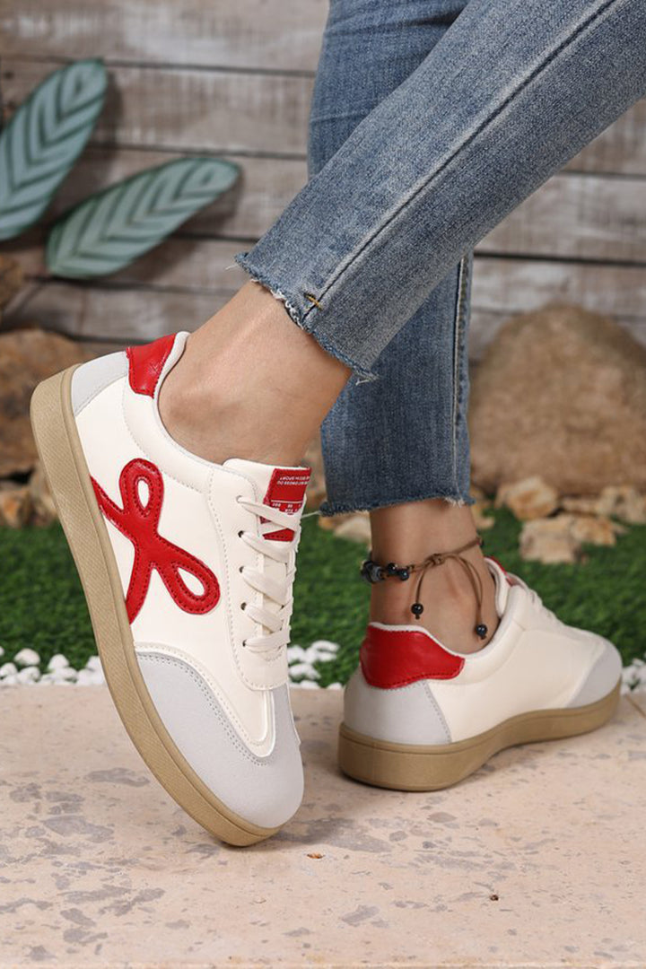 Cute Bow Patch Color Block PU Leather Sneakers
