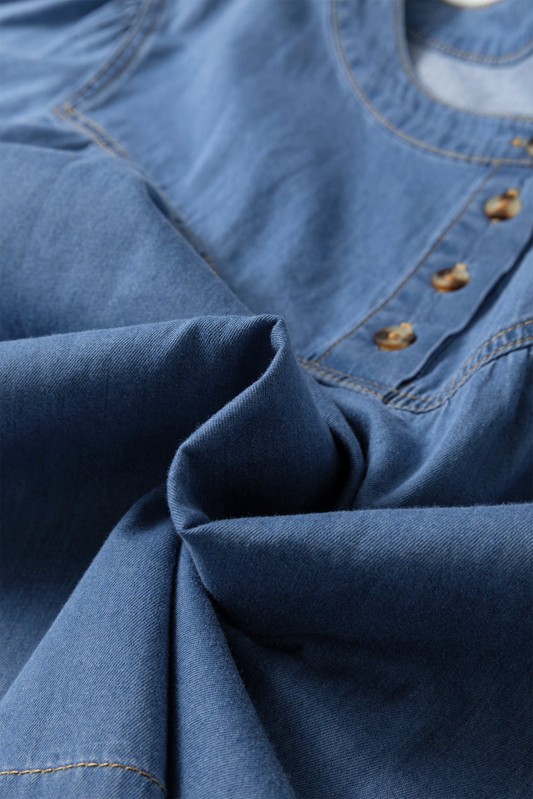 Seam Pleated Detail Half Button Short Sleeve Denim Top
