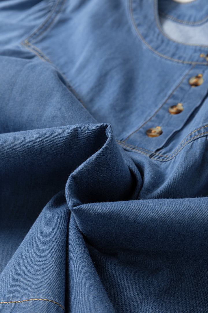 Seam Pleated Detail Half Button Short Sleeve Denim Top