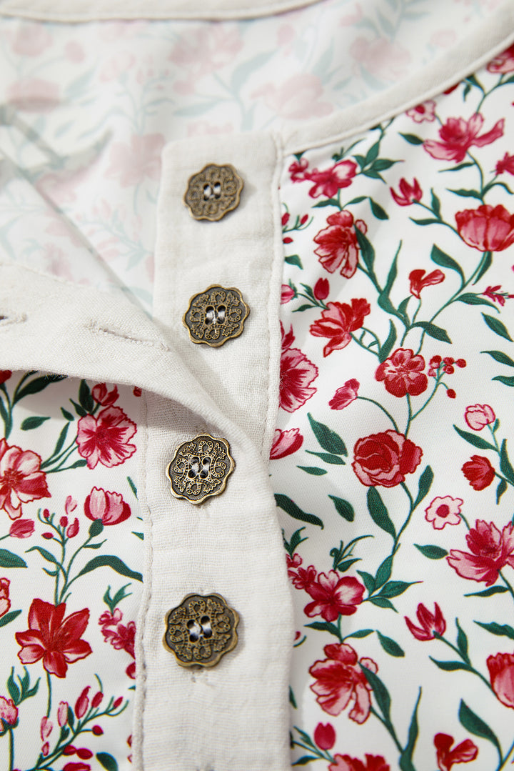 Floral Print Gauze Patchwork Henley Button 3/4 Sleeve Blouse