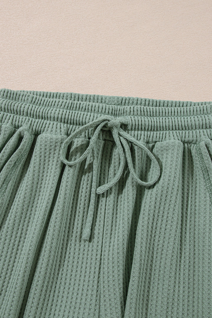 Green Solid Color Waffled V Neck Loose Tee Drawstring Shorts Set